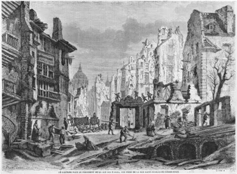 Párizs, a Rue des Ecoles épületének bontása, kilátás a rue Saint-Nicolas du Chardonnet-ről, metszett Charles Maurand (XIX. század)